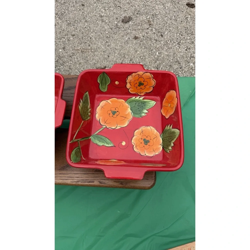 Temp-tations Poppy Passion 2 Qt Square Bowls Set‎ of 2 Red Floral Bakeware